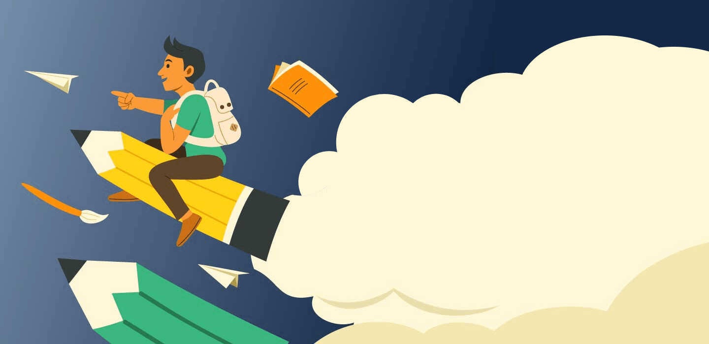A boy flying on a pencil emphasizing his success after enrolled in Take My Online Exam